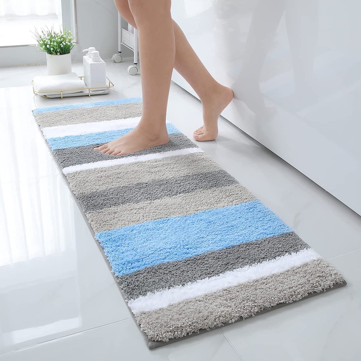 Antislip badkamertapijt, zacht, hoogpolig, microvezel, badmat, absorberend, wasbaar, 40 x 120 cm, blauw/grijs