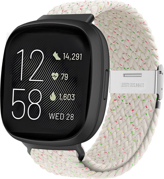 Strap-it Smartwatch bandje - Verstelbaar gevlochten nylon bandje - geschikt voor Fitbit Versa 3 / Fitbit Sense - lichtbeige