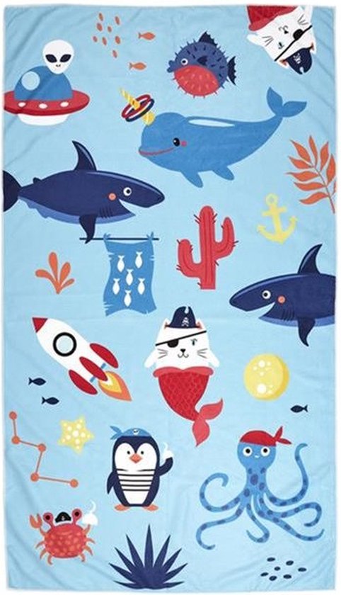 Kinder strandhanddoek - zeedieren vissen blauw print - strandlaken voor kinderen - badhanddoek handdoek - 60x120 cm