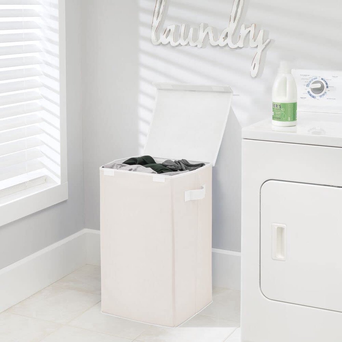 Wasmand van ademende kunstvezel - design wasmand voor wasruimte, badkamer of slaapkamer - inklapbare wasmand met deksel en handgrepen - crème/wit
