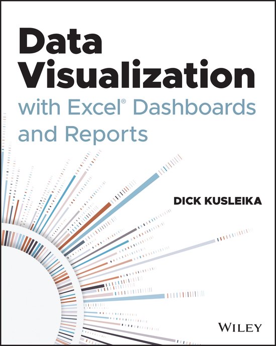 Boek 'Data Visualization with Excel Dashboards and Reports' met een grafische weergave van lijnen die uit een cirkel komen.
