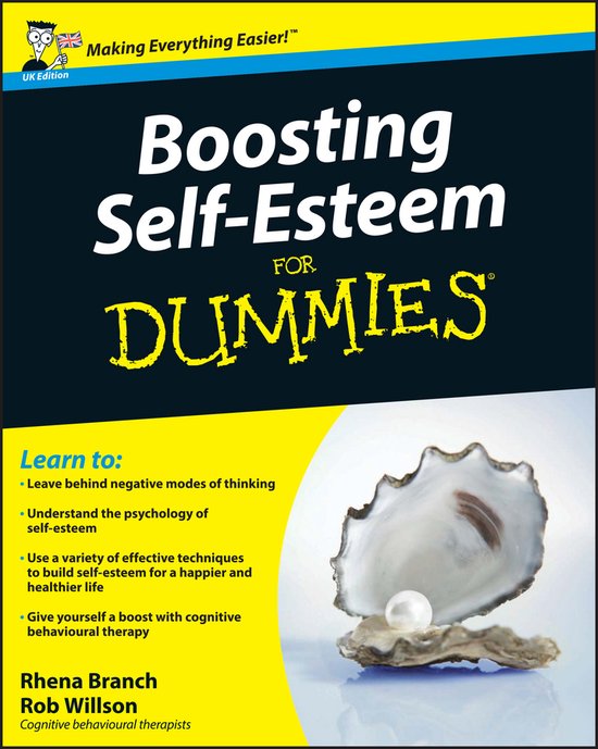 Boekhoes voor 'Boosting Self-Esteem For Dummies' met de titel in grote letters, en een lijst met leerdoelen.