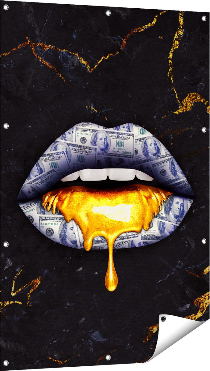 Gards Tuinposter Dollar Lippen met Goud - 80x120 cm - Tuindoek - Tuindecoratie - Wanddecoratie buiten - Tuinschilderij Multikleur