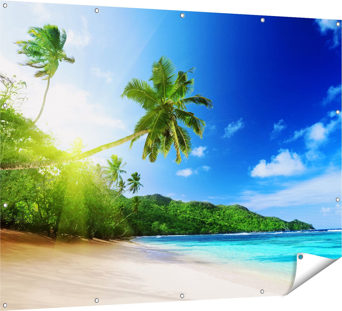 Gards Tuinposter Strand tijdens Zonsondergang in Seychellen - 160x120 cm - Tuindoek - Tuindecoratie - Wanddecoratie buiten - Tuinschilderij Multikleur