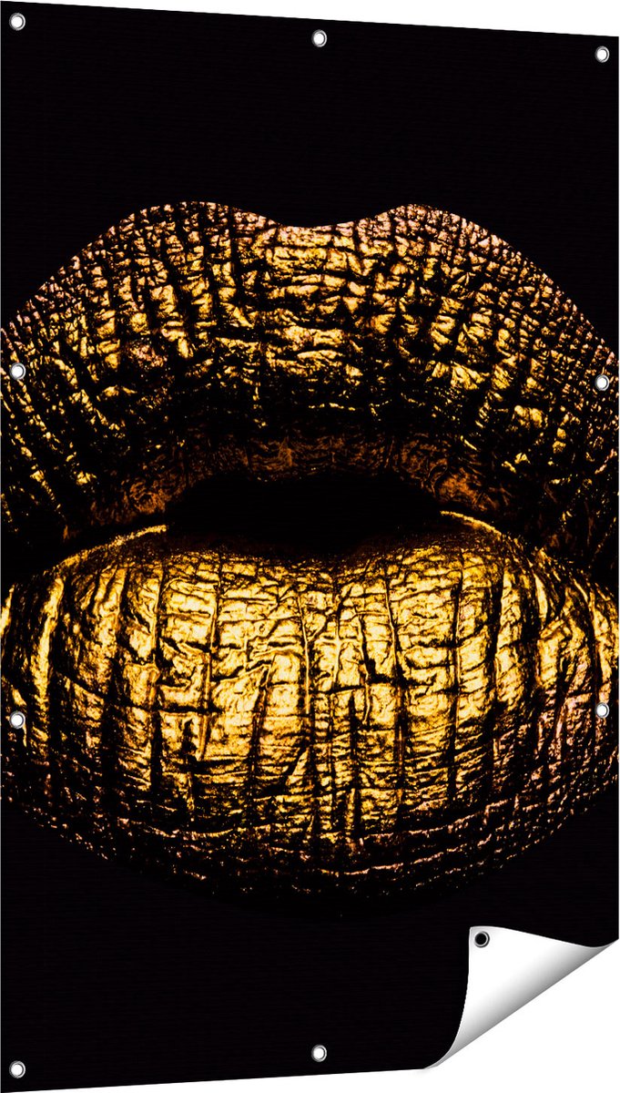 Gards Tuinposter Gouden Lippen - 80x120 cm - Tuindoek - Tuindecoratie - Wanddecoratie buiten - Tuinschilderij Multikleur