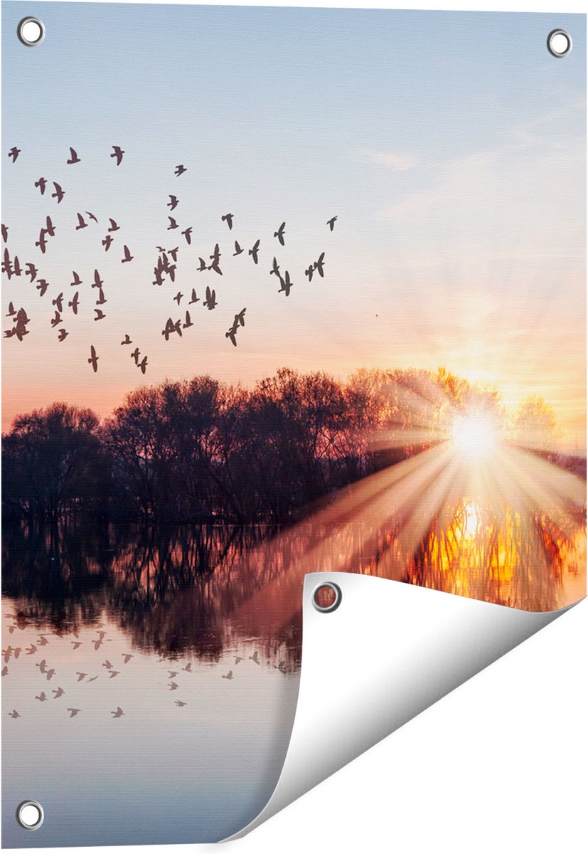 Gards Tuinposter Groep Vogels Boven de Meer met Zonsondergang - 40x50 cm - Tuindoek - Tuindecoratie - Wanddecoratie buiten - Tuinschilderij Multikleur