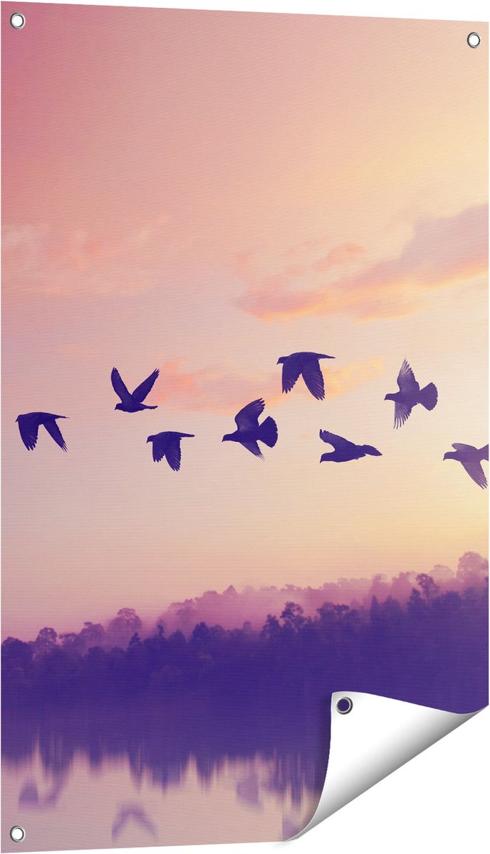 Gards Tuinposter Silhouet Vogels tijdens Zonsondergang - 60x90 cm - Tuindoek - Tuindecoratie - Wanddecoratie buiten - Tuinschilderij Multikleur