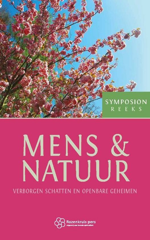 Boekomslag met roze bloesem tegen een blauwe lucht, groene balk met 'Symposion Reeks', titel 'Mens & Natuur' in wit.