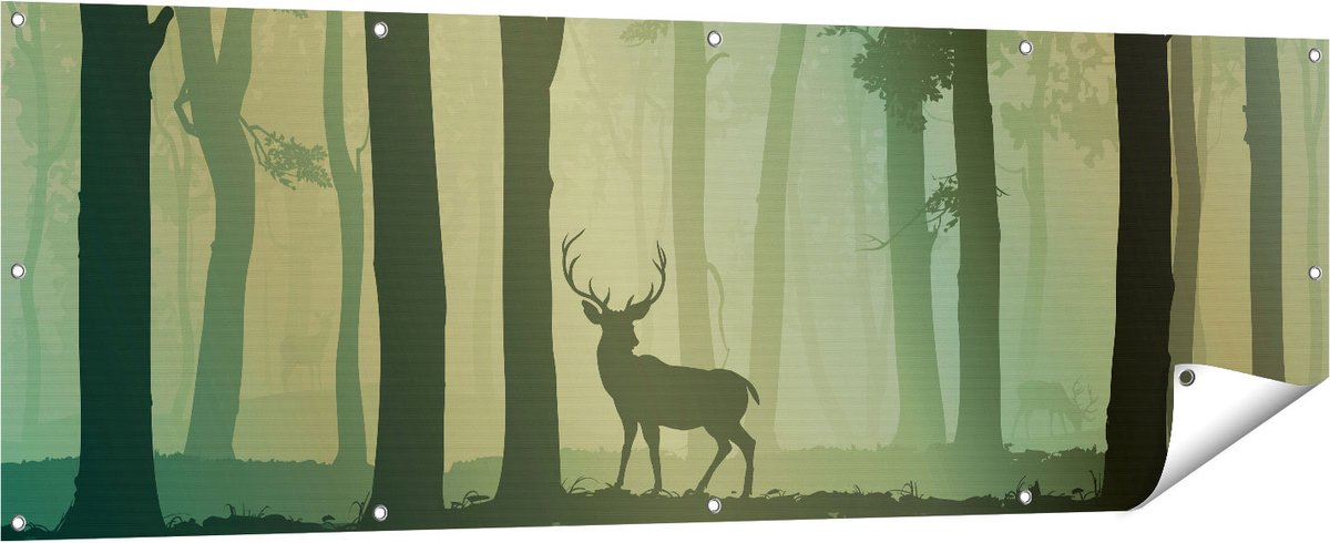 Gards Tuinposter Hert in het Bos - Silhouet - 180x60 cm - Tuindoek - Tuindecoratie - Wanddecoratie buiten - Tuinschilderij Multikleur
