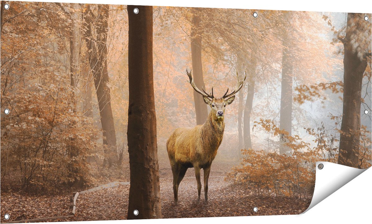 Gards Tuinposter Hert in het Bos - Herfst - 140x70 cm - Tuindoek - Tuindecoratie - Wanddecoratie buiten - Tuinschilderij Multikleur