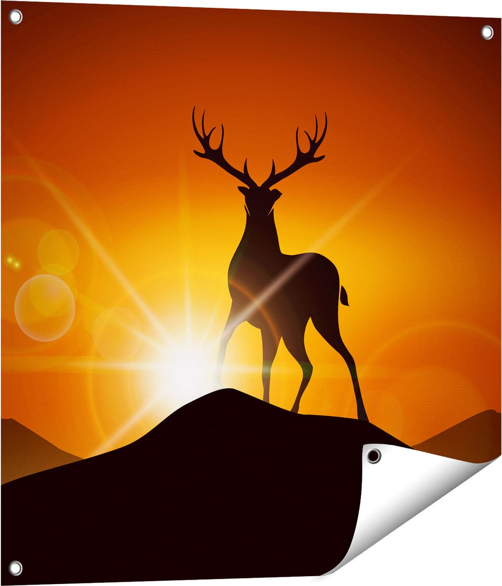 Gards Tuinposter Hert op een Berg - Abstract - Silhouet - 70x70 cm - Tuindoek - Tuindecoratie - Wanddecoratie buiten - Tuinschilderij Multikleur