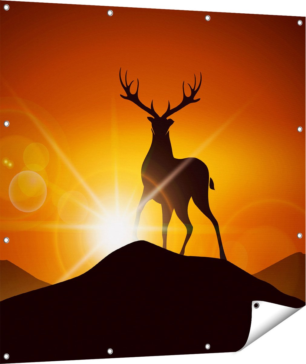 Gards Tuinposter Hert op een Berg - Abstract - Silhouet - 110x110 cm - Tuindoek - Tuindecoratie - Wanddecoratie buiten - Tuinschilderij Multikleur