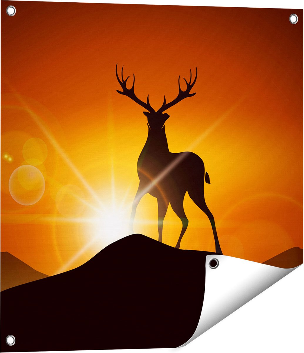 Gards Tuinposter Hert op een Berg - Abstract - Silhouet - 60x60 cm - Tuindoek - Tuindecoratie - Wanddecoratie buiten - Tuinschilderij Multikleur