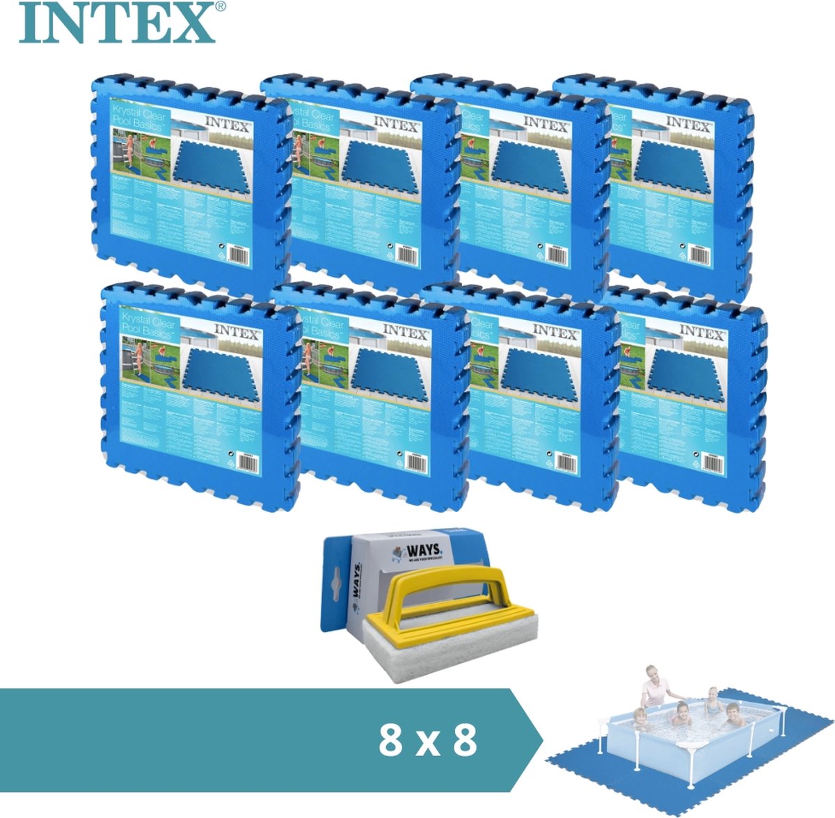 Intex - Zwembadtegels - 8 verpakkingen van 8 tegels - 16m² & WAYS scrubborstel