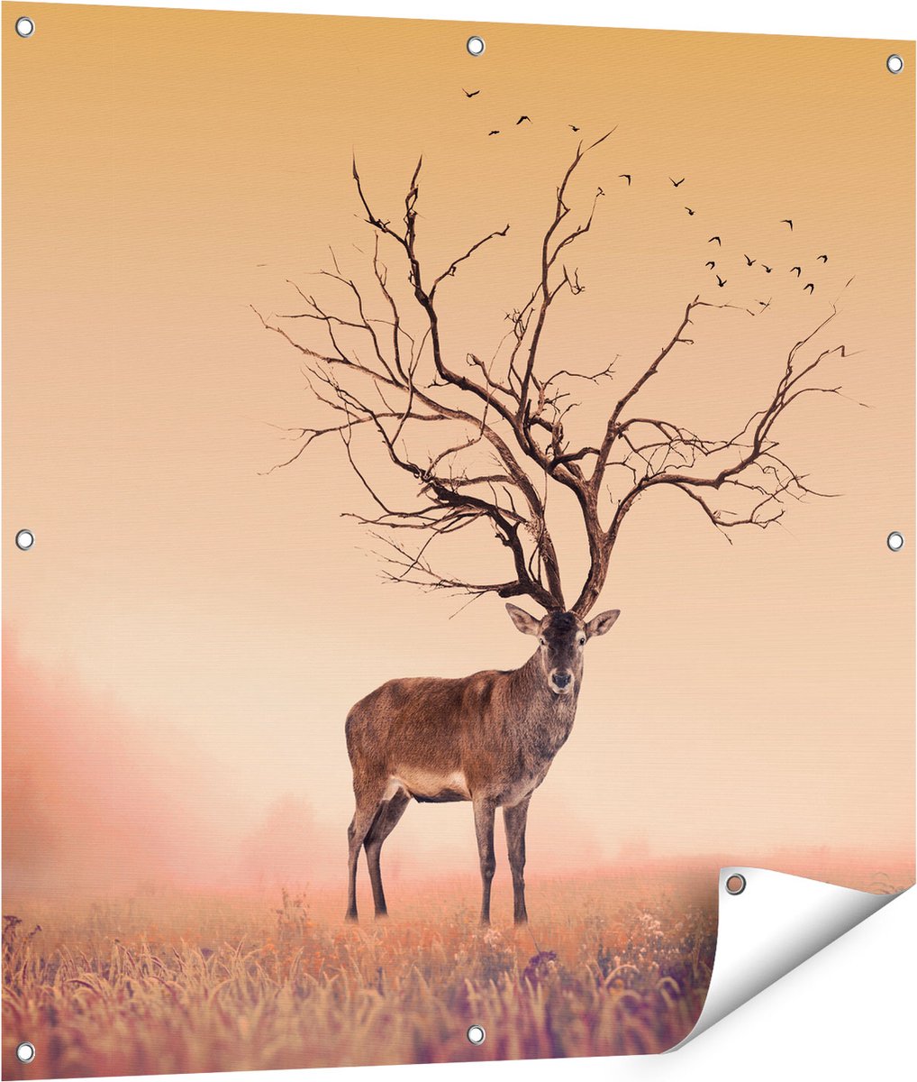 Gards Tuinposter Hert met een Bomen Gewei - 90x90 cm - Tuindoek - Tuindecoratie - Wanddecoratie buiten - Tuinschilderij Multikleur