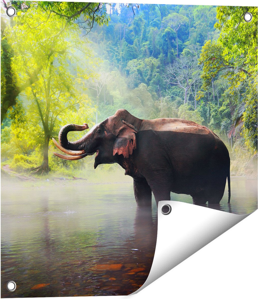 Gards Tuinposter Olifant in het Water - 50x50 cm - Tuindoek - Tuindecoratie - Wanddecoratie buiten - Tuinschilderij Multikleur