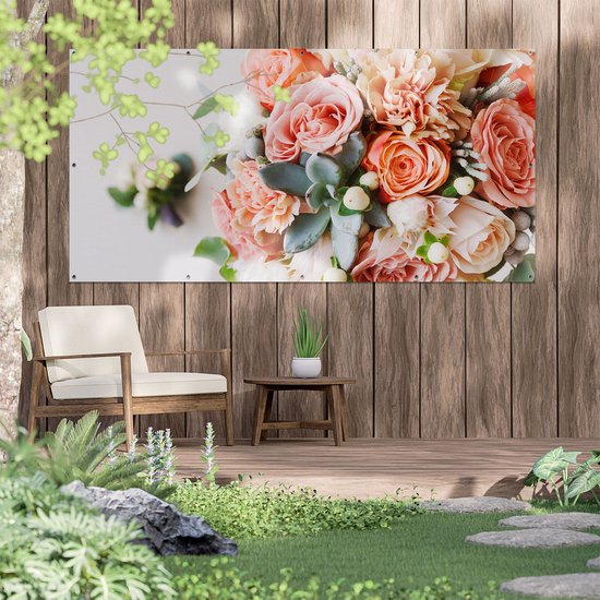 Gards Tuinposter Bloemen in Vaas - Boeket - 200x100 cm - Tuindoek - Tuindecoratie - Wanddecoratie buiten - Tuinschilderij