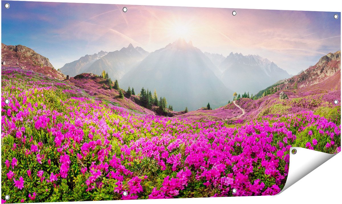 Gards Tuinposter Rhododendron Bloemenveld in de Alpen - 140x70 cm - Tuindoek - Tuindecoratie - Wanddecoratie buiten - Tuinschilderij Multikleur