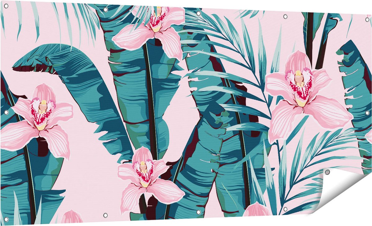 Gards Tuinposter Tropische Roze Zomer Bloemen met Bladeren - 160x80 cm - Tuindoek - Tuindecoratie - Wanddecoratie buiten - Tuinschilderij Multikleur