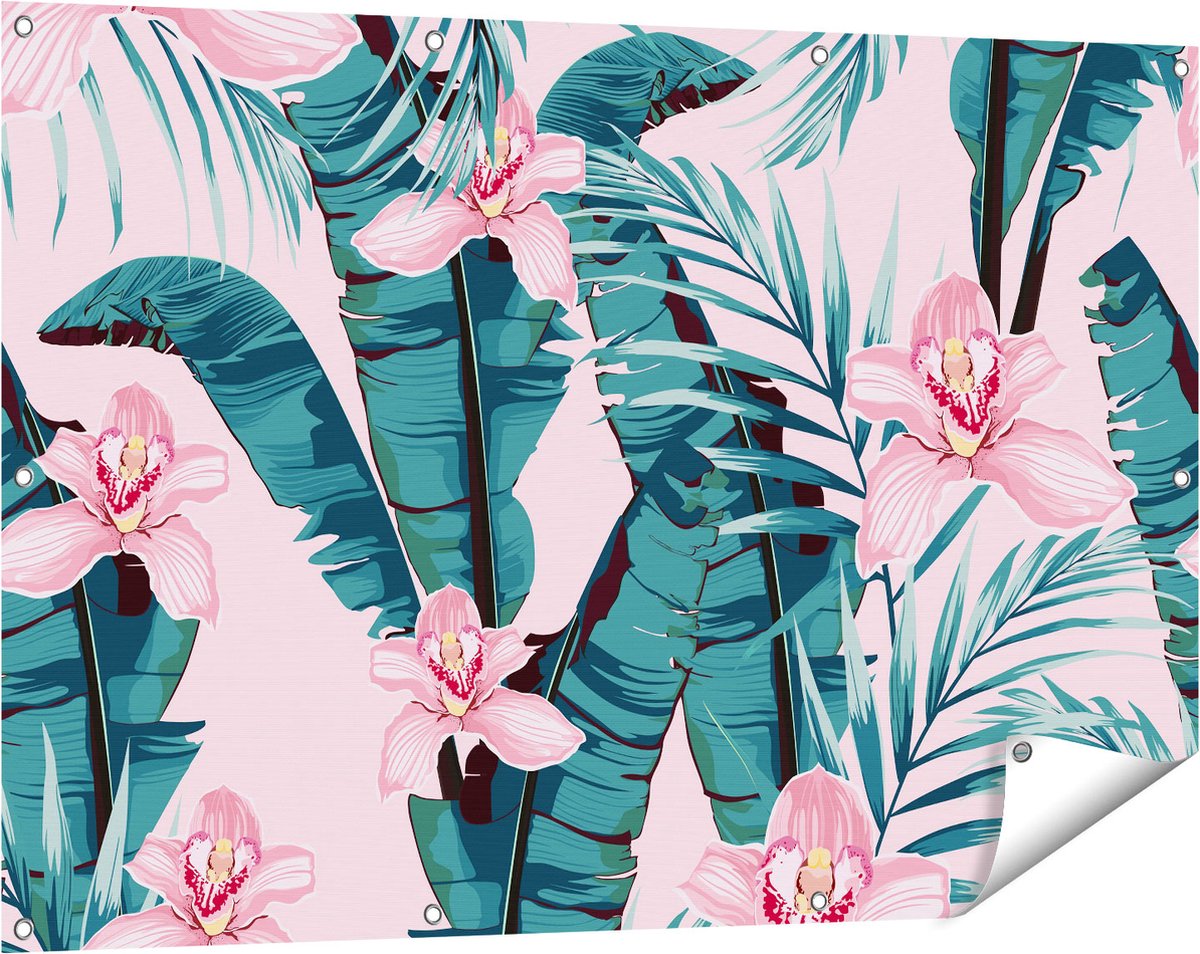Gards Tuinposter Tropische Roze Zomer Bloemen met Bladeren - 120x80 cm - Tuindoek - Tuindecoratie - Wanddecoratie buiten - Tuinschilderij Multikleur