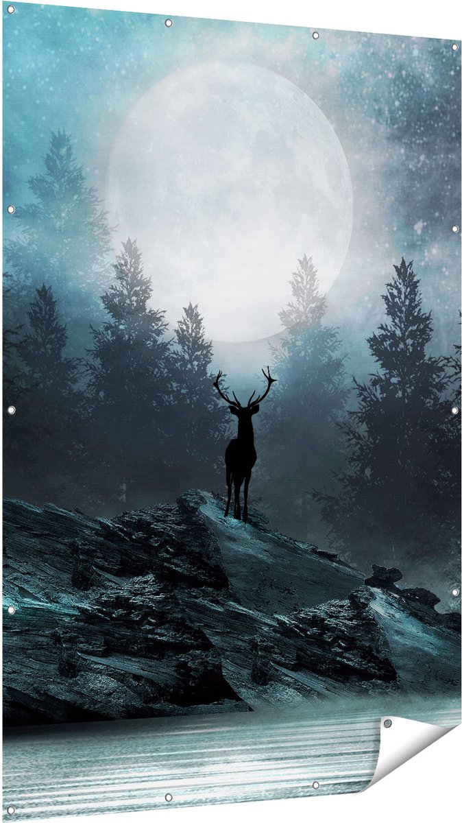 Gards Tuinposter Hert op een Rots tijdens Volle Maan - 120x180 cm - Tuindoek - Tuindecoratie - Wanddecoratie buiten - Tuinschilderij Multikleur