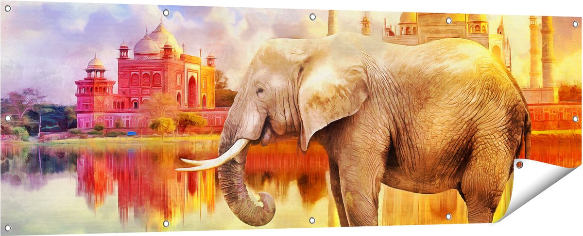 Gards Tuinposter Getekende Olifant bij Taj Mahal - Abstract - 180x60 cm - Tuindoek - Tuindecoratie - Wanddecoratie buiten - Tuinschilderij Multikleur