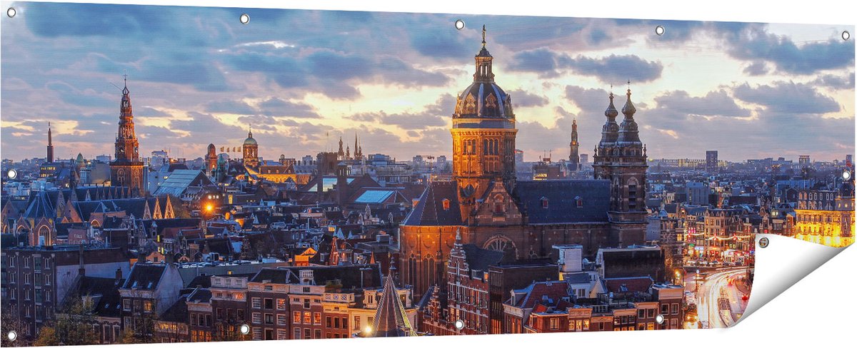 Gards Tuinposter Amsterdam Centrum Luchtfoto Zonsondergang - 180x60 cm - Tuindoek - Tuindecoratie - Wanddecoratie buiten - Tuinschilderij Multikleur