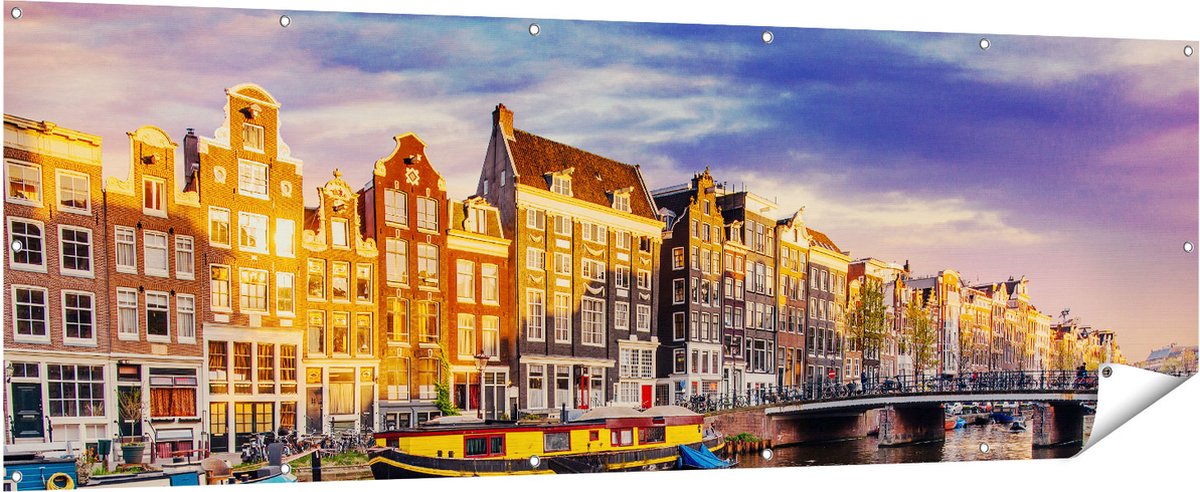 Gards Tuinposter Amsterdamse Gracht in de Nacht met Sterren - 210x70 cm - Tuindoek - Tuindecoratie - Wanddecoratie buiten - Tuinschilderij Multikleur