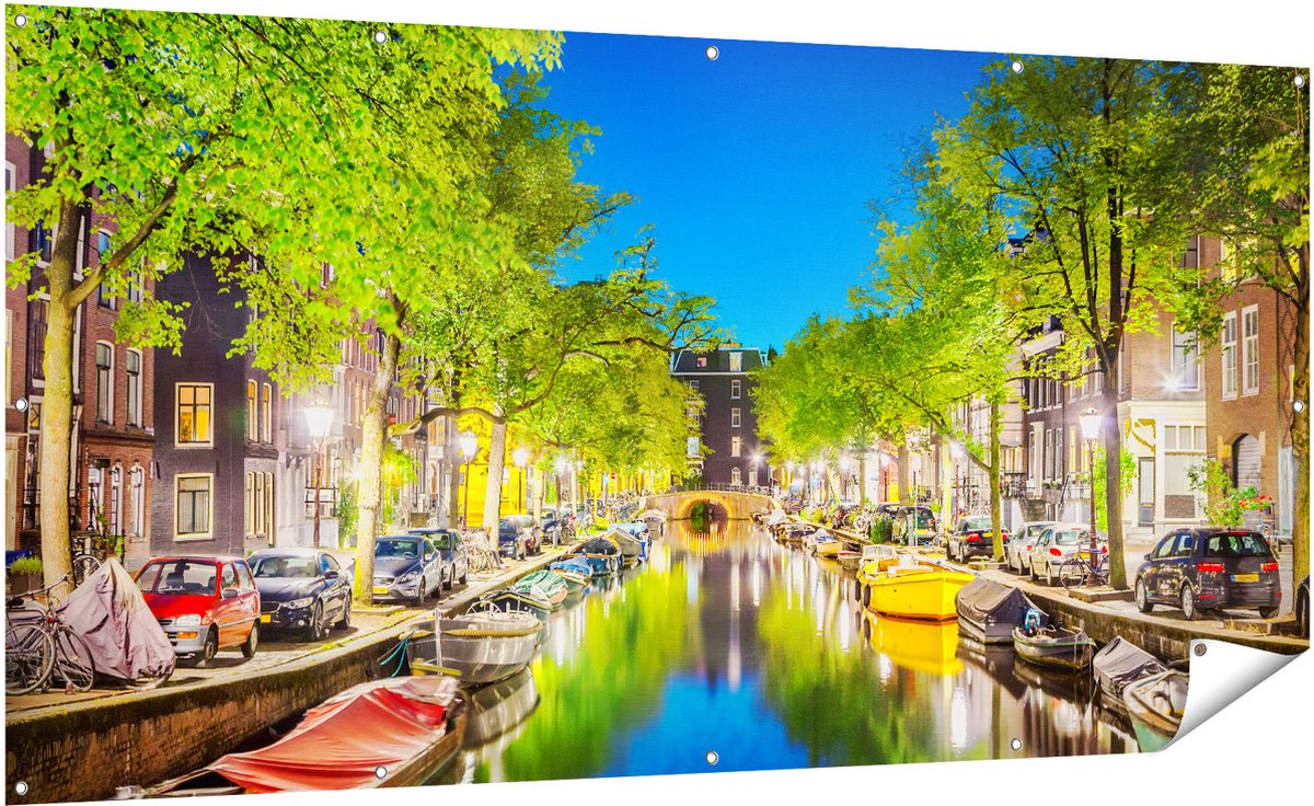 Gards Tuinposter Amsterdamse Gracht in de Nacht - 200x100 cm - Tuindoek - Tuindecoratie - Wanddecoratie buiten - Tuinschilderij Multikleur