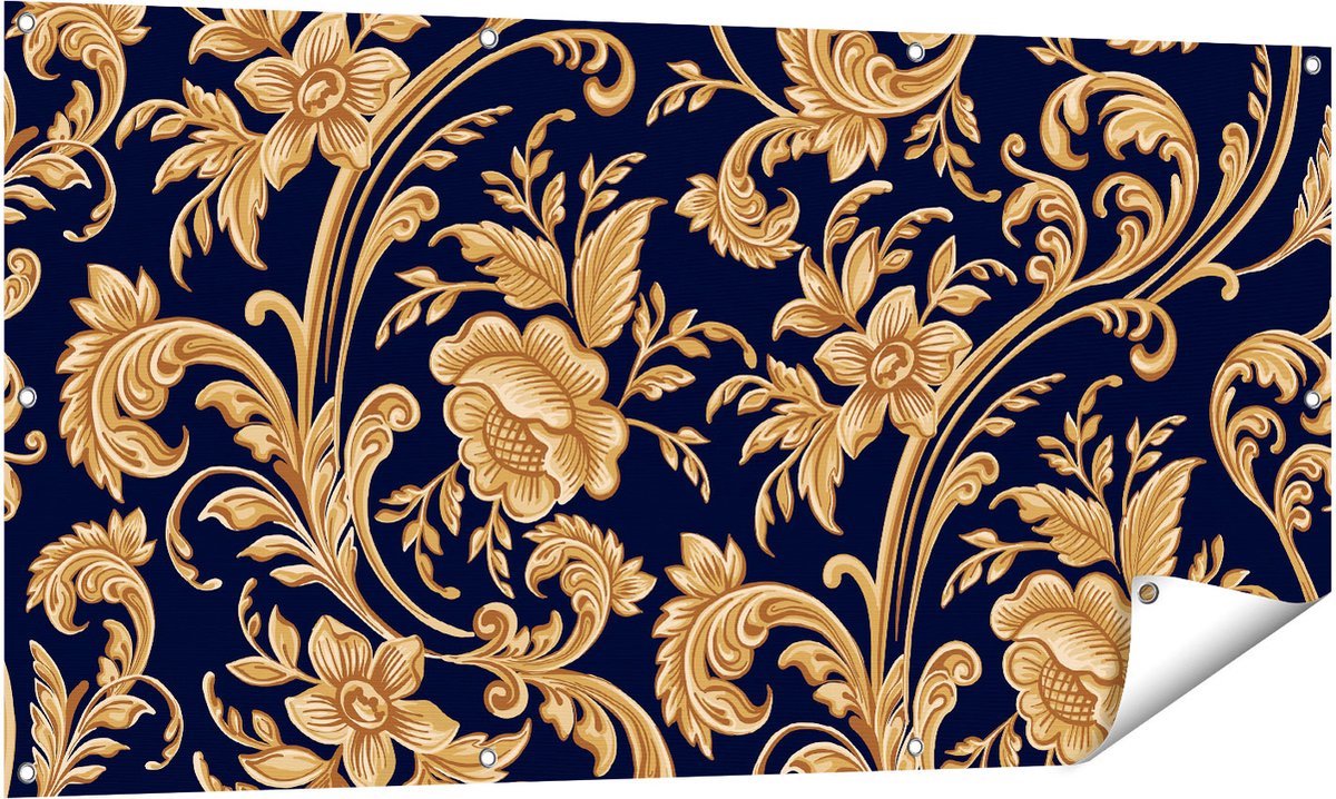 Gards Tuinposter Decoratieve Gouden Bloemen Achtergrond - 140x70 cm - Tuindoek - Tuindecoratie - Wanddecoratie buiten - Tuinschilderij Multikleur