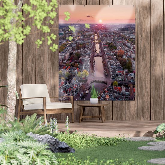 Affiche de jardin Gards Vue de dessus Amsterdam avec coucher de soleil - 120x150 cm - Toile de jardin - Décoration de jardin - Décoration murale extérieure - Peinture de jardin
