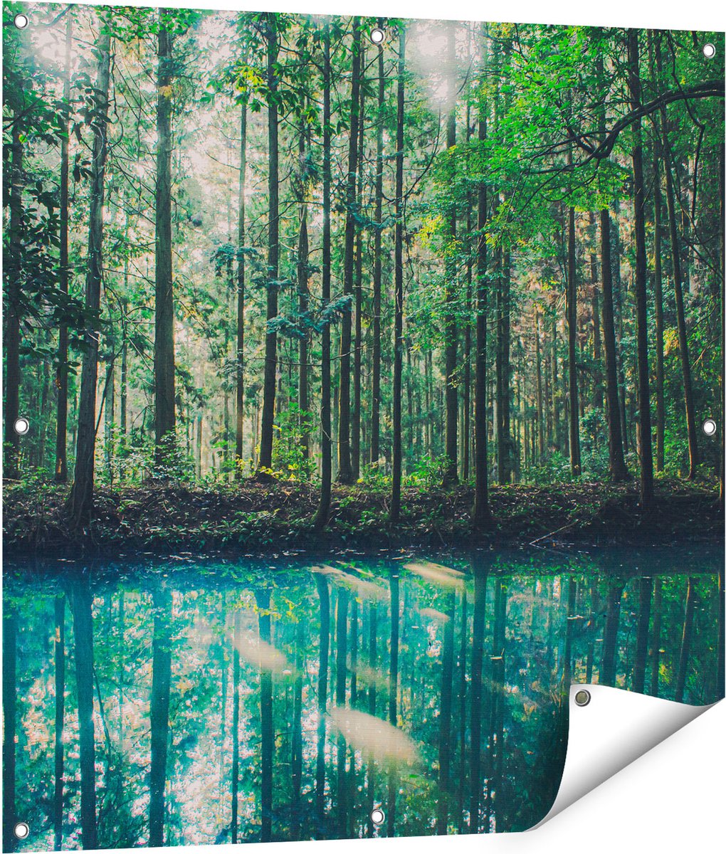 Gards Tuinposter Bos bij een Groen Meer - 90x90 cm - Tuindoek - Tuindecoratie - Wanddecoratie buiten - Tuinschilderij Multikleur