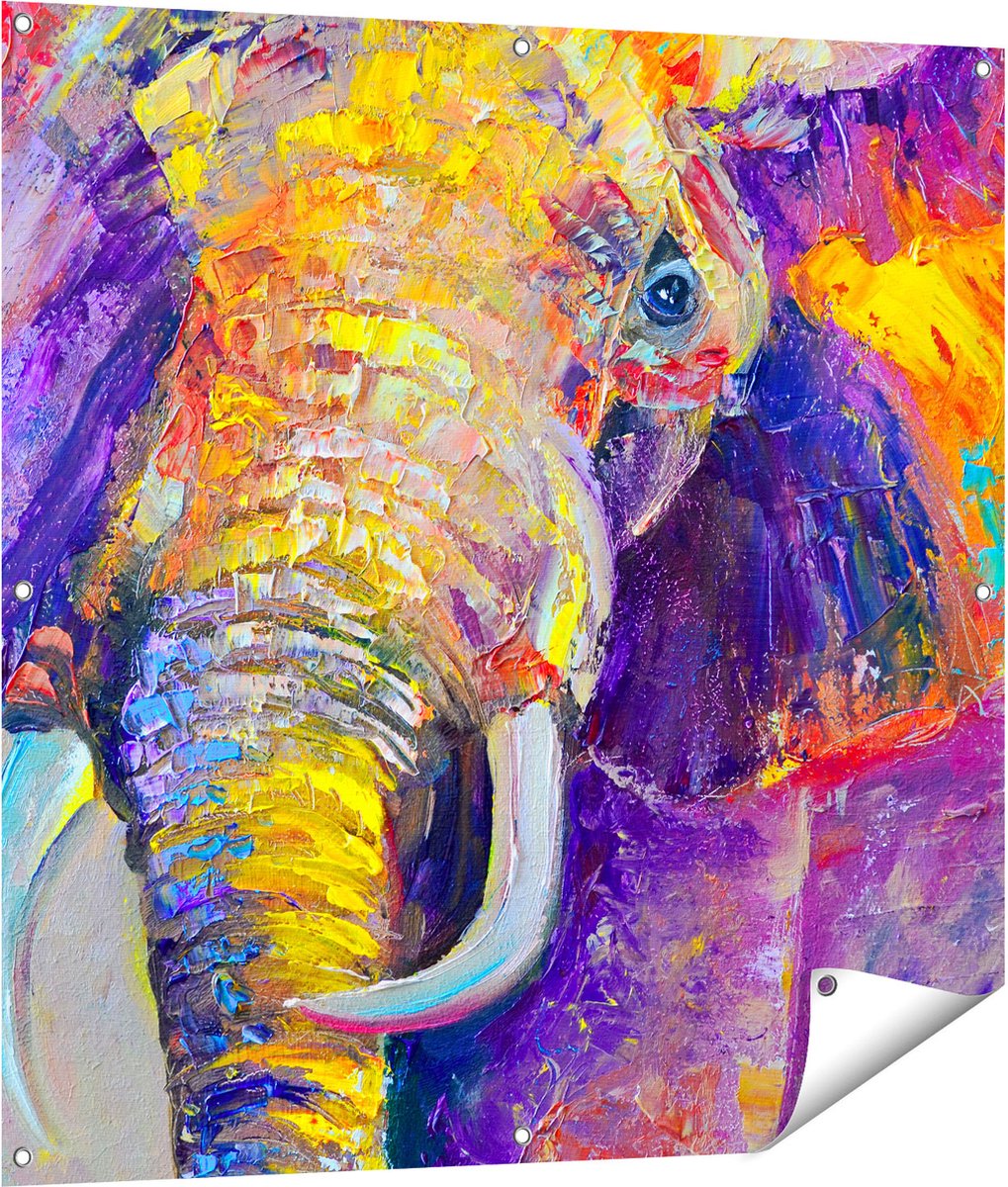 Gards Tuinposter Olifant van Olieverf - Kleur - Abstract - 100x100 cm - Tuindoek - Tuindecoratie - Wanddecoratie buiten - Tuinschilderij Multikleur