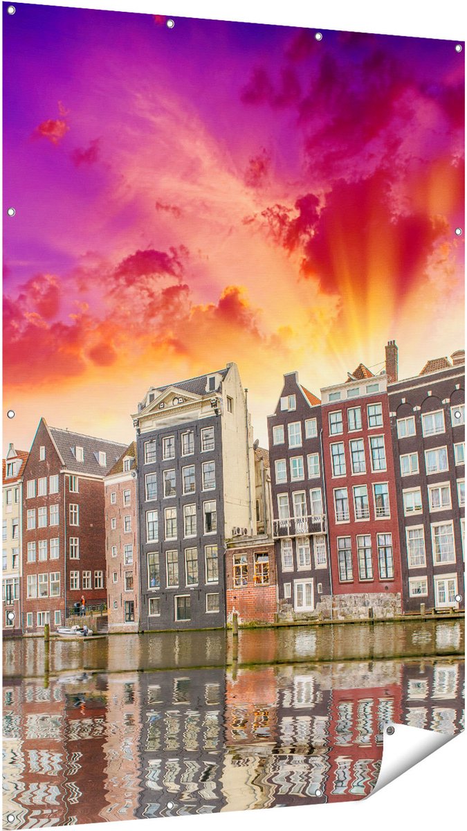 Gards Tuinposter Amsterdamse Huisjes bij het Kanaal - Kleur - 120x180 cm - Tuindoek - Tuindecoratie - Wanddecoratie buiten - Tuinschilderij Multikleur