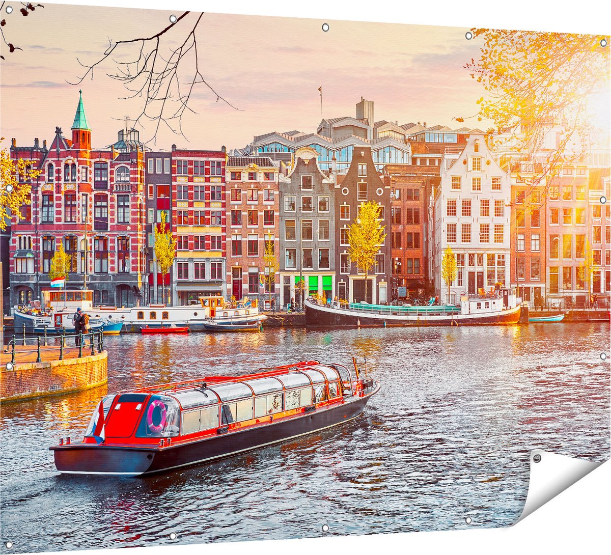 Gards Tuinposter Amsterdamse Huisjes vanaf de Grachten - 160x120 cm - Tuindoek - Tuindecoratie - Wanddecoratie buiten - Tuinschilderij Multikleur