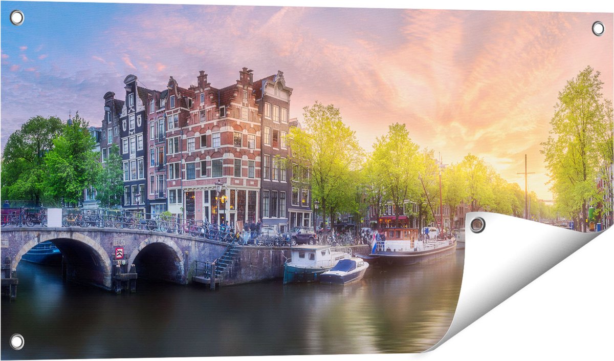 Gards Tuinposter Amsterdamse Grachten - 80x40 cm - Tuindoek - Tuindecoratie - Wanddecoratie buiten - Tuinschilderij Multikleur