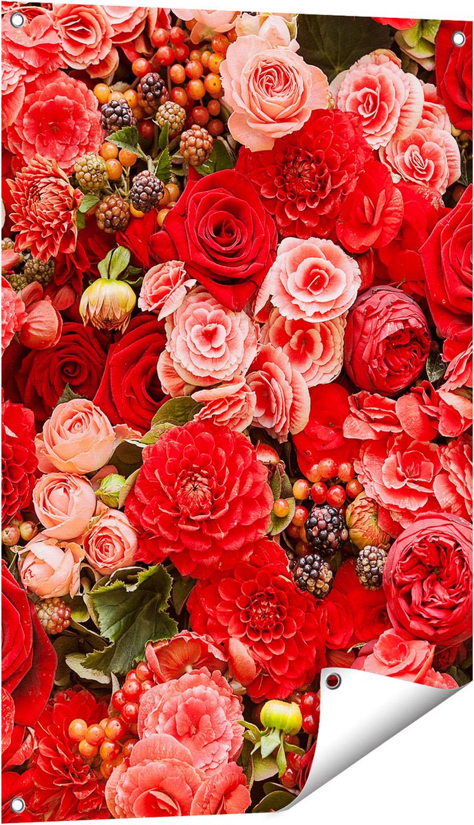 Gards Tuinposter Rode en Roze Bloemen met Fruit - Abstract - 60x90 cm - Tuindoek - Tuindecoratie - Wanddecoratie buiten - Tuinschilderij Multikleur