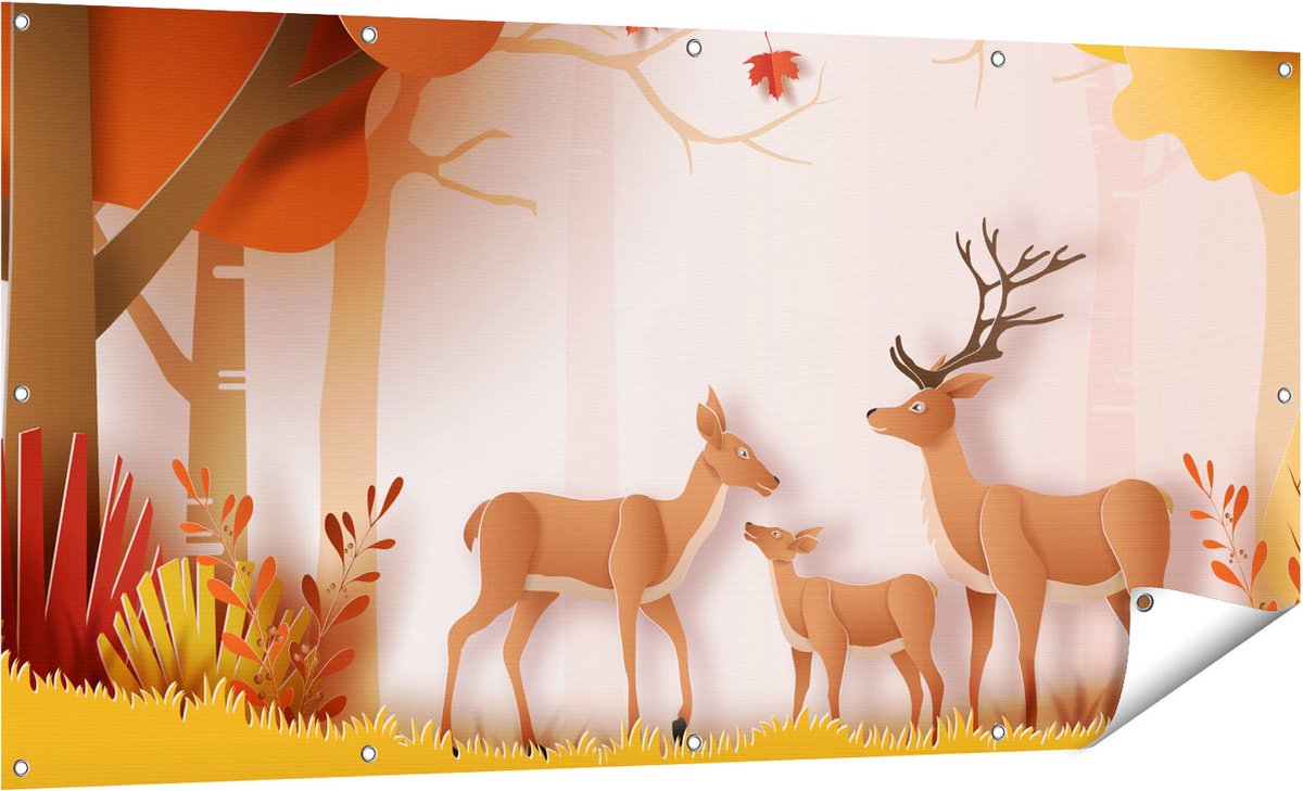 Gards Tuinposter Herten in het Bos Illustratie - Abstract - 160x80 cm - Tuindoek - Tuindecoratie - Wanddecoratie buiten - Tuinschilderij Multikleur