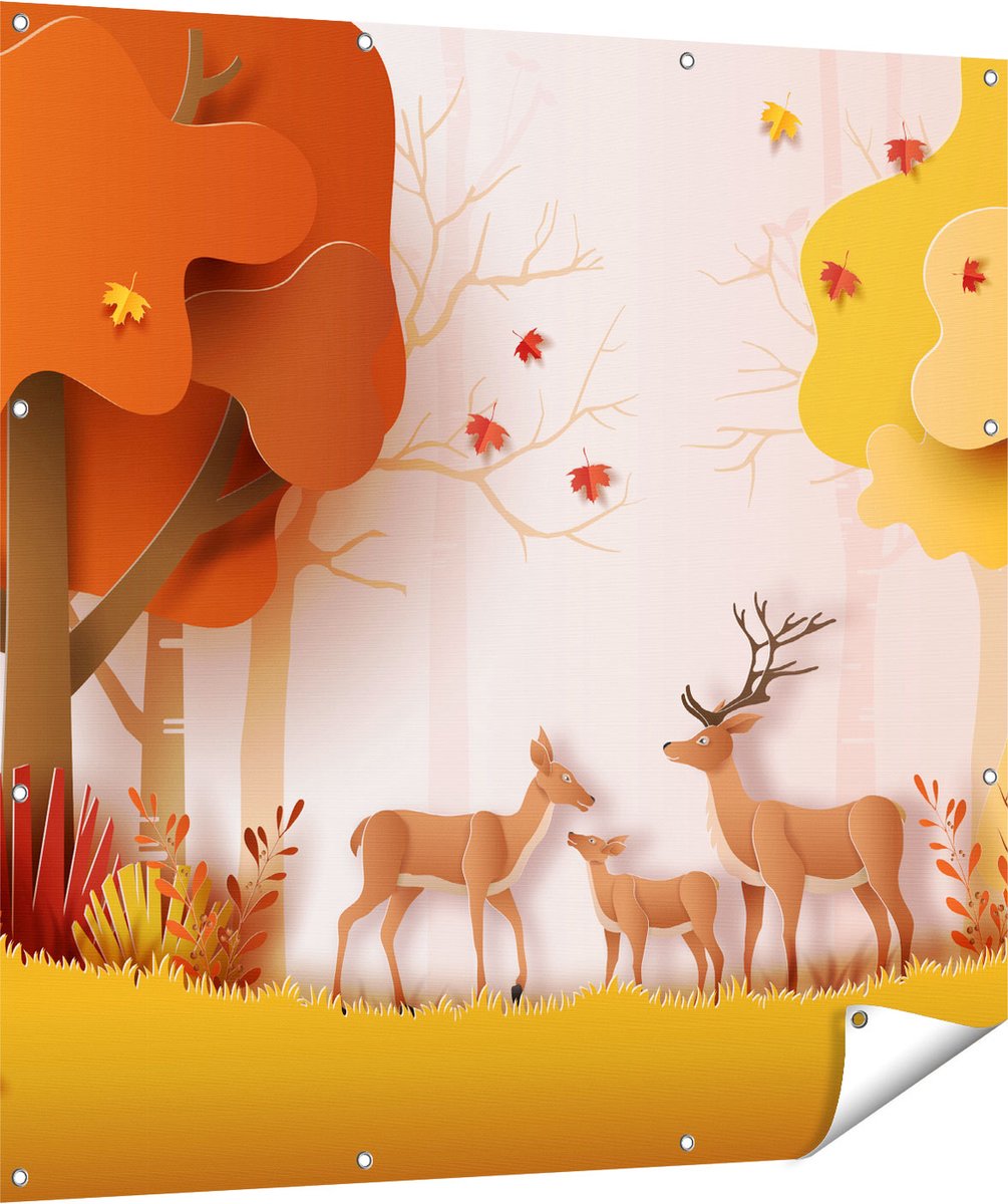 Gards Tuinposter Herten in het Bos Illustratie - Abstract - 120x120 cm - Tuindoek - Tuindecoratie - Wanddecoratie buiten - Tuinschilderij Multikleur