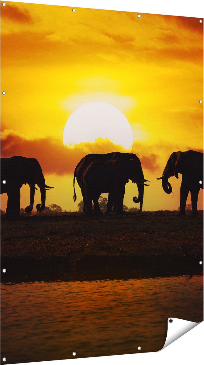 Gards Tuinposter Silhouet Olifanten tijdens Zonsondergang - 120x180 cm - Tuindoek - Tuindecoratie - Wanddecoratie buiten - Tuinschilderij Multikleur