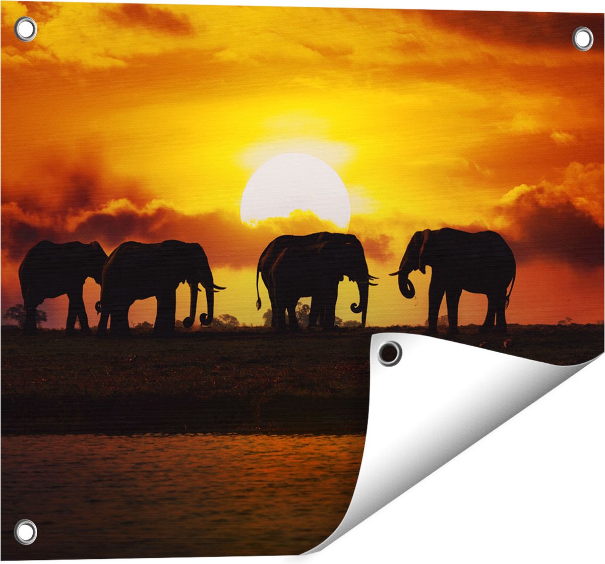 Gards Tuinposter Silhouet Olifanten tijdens Zonsondergang - 50x40 cm - Tuindoek - Tuindecoratie - Wanddecoratie buiten - Tuinschilderij Multikleur