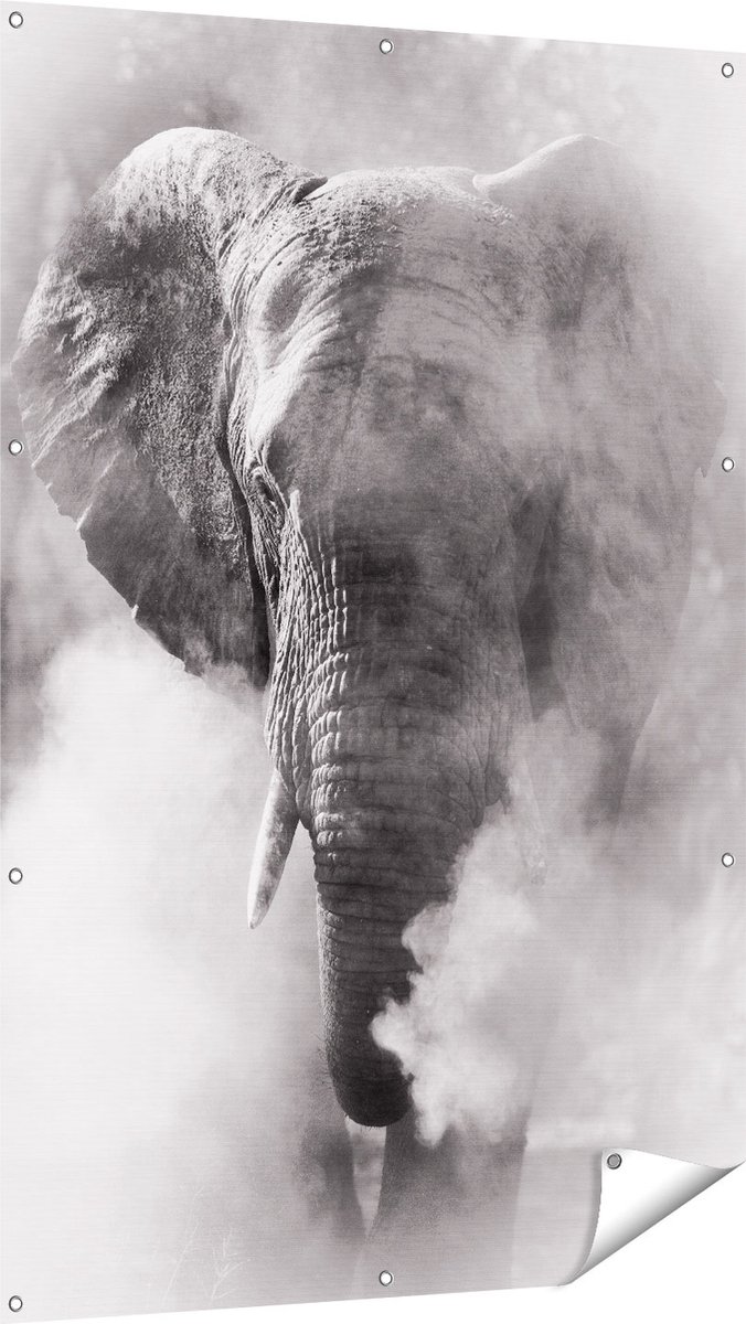 Gards Tuinposter Olifantenkop - Olifant - Zwart Wit - 100x150 cm - Tuindoek - Tuindecoratie - Wanddecoratie buiten - Tuinschilderij Multikleur