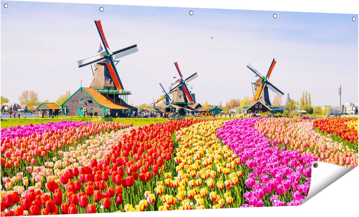 Gards Tuinposter Kleurrijke Tulpen Bloemenveld - Windmolen - 160x80 cm - Tuindoek - Tuindecoratie - Wanddecoratie buiten - Tuinschilderij Multikleur