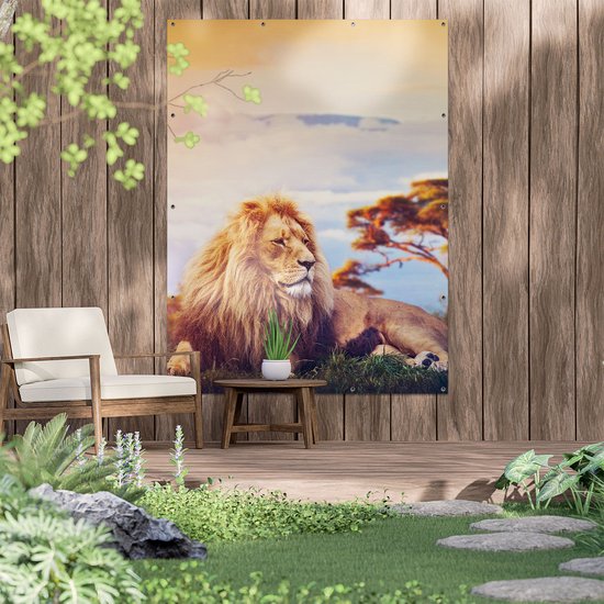 Affiche jardin Gards Lion au coucher du soleil - 120x160 cm - Toile jardin - Décoration de jardin - Décoration murale extérieur - Tableau jardin