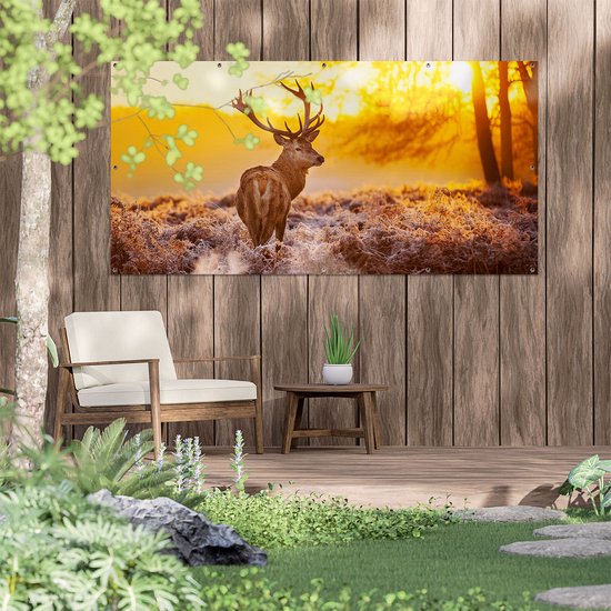 Gars Affiche jardin Cerf en forêt au lever du soleil - 180x90 cm - Toile jardin - Décoration de jardin - Décoration murale extérieur - Tableau jardin