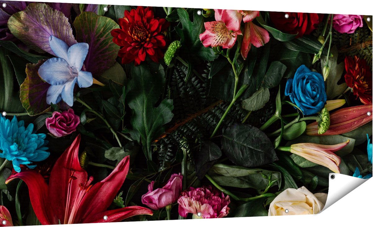 Gards Tuinposter Kleurrijke Bloemen met Groene Bladeren - 180x90 cm - Tuindoek - Tuindecoratie - Wanddecoratie buiten - Tuinschilderij Multikleur