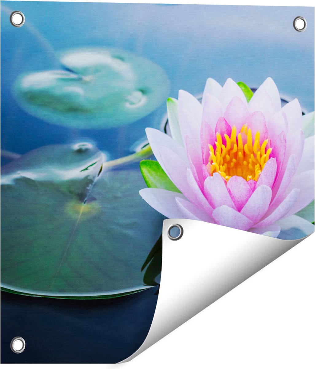 Gards Tuinposter Roze Lotusbloem met Waterlelies - 40x40 cm - Tuindoek - Tuindecoratie - Wanddecoratie buiten - Tuinschilderij Multikleur