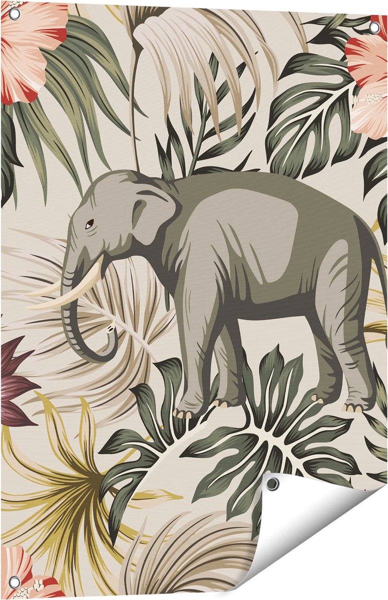 Gards Tuinposter Tropisch Getekende Olifant - Abstract - 60x80 cm - Tuindoek - Tuindecoratie - Wanddecoratie buiten - Tuinschilderij Multikleur