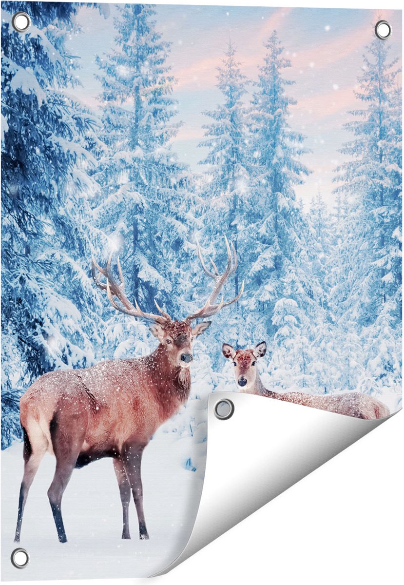 Gards Tuinposter Twee Herten in het Bos met Sneeuw - 40x50 cm - Tuindoek - Tuindecoratie - Wanddecoratie buiten - Tuinschilderij Multikleur