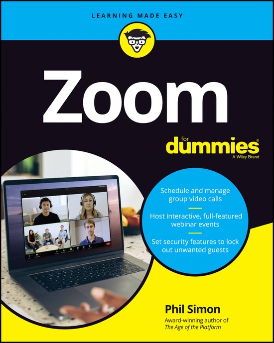 Zoom voor dummies boek met laptop waarop een Zoom-gesprek met vier deelnemers te zien is. Tekst: Schedule and manage group video calls.